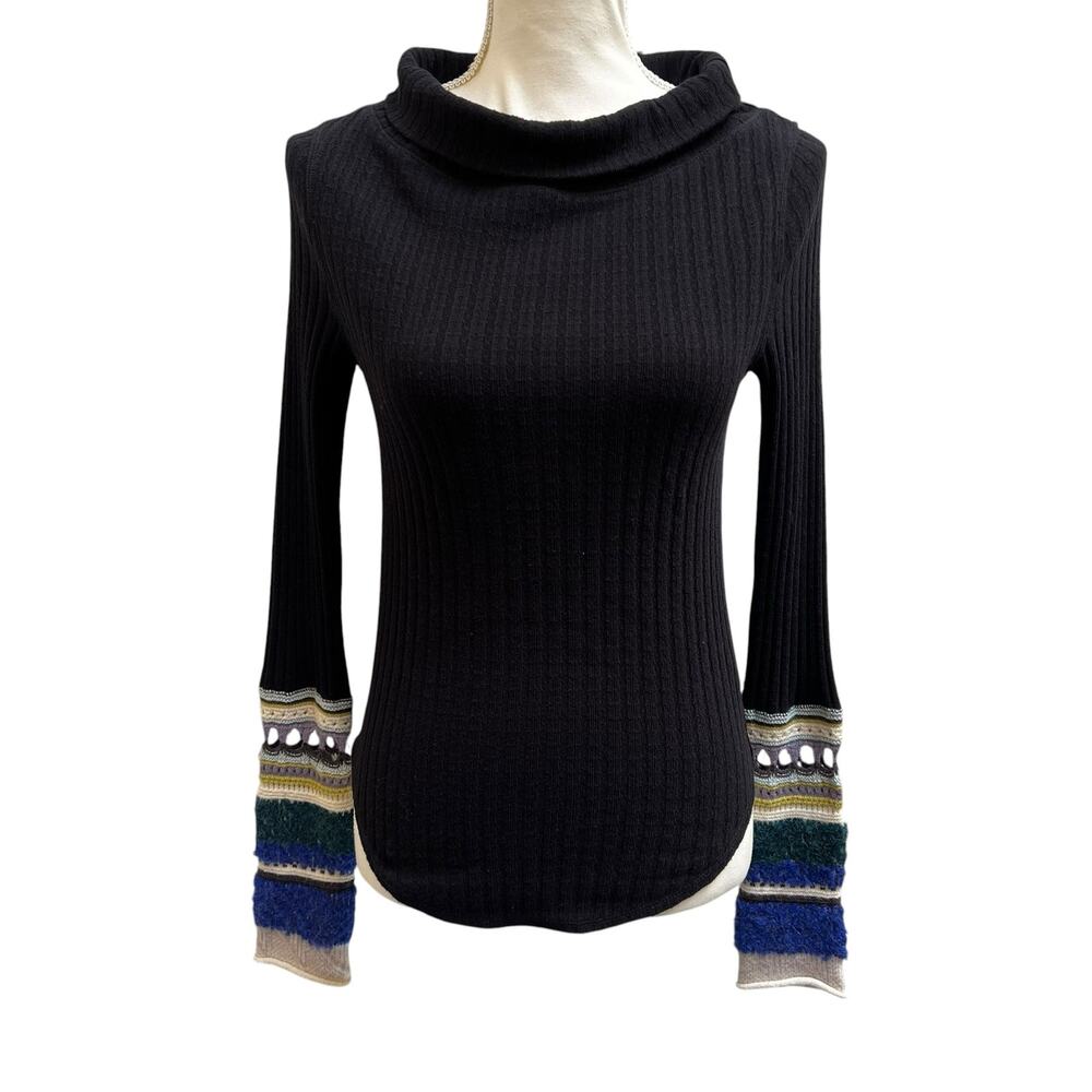 Free People Rib Knit Top Women’s XS Black Cowl Neck Bell Sleeve Boho Stretch EUC